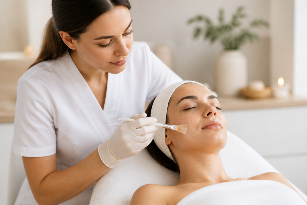 Aplicación del peeling Glow Skin con pincel sobre el rostro, Donostia-San Sebastián