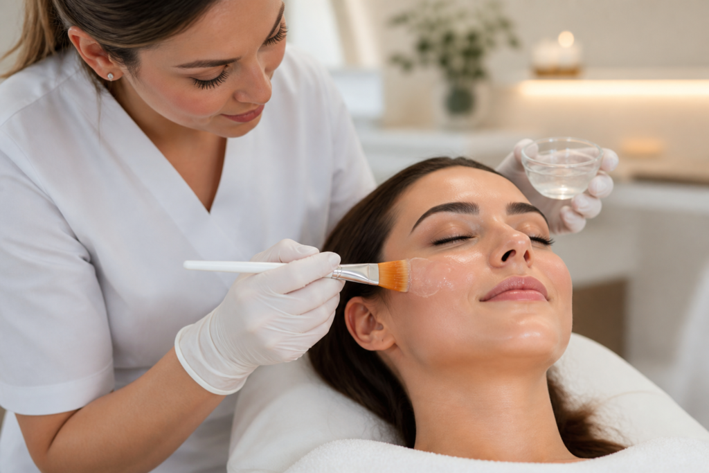 Aplicación del peeling Glow Skin Plus con pincel sobre el rostro