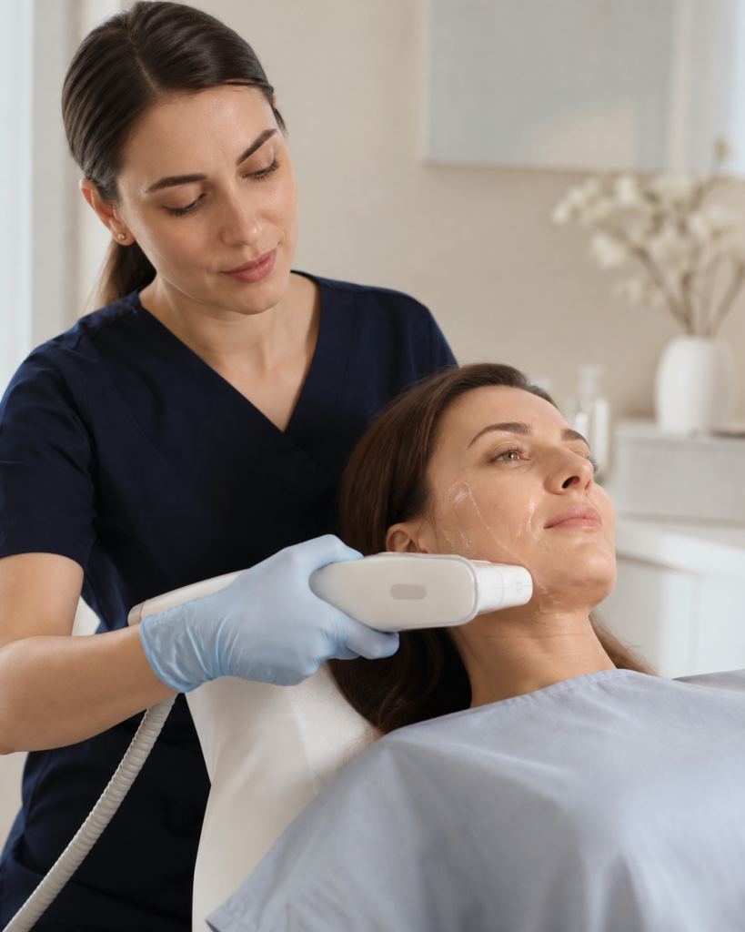 Aplicación de HIFU con cabezal de ultrasonidos en el óvalo facial, San Sebastián