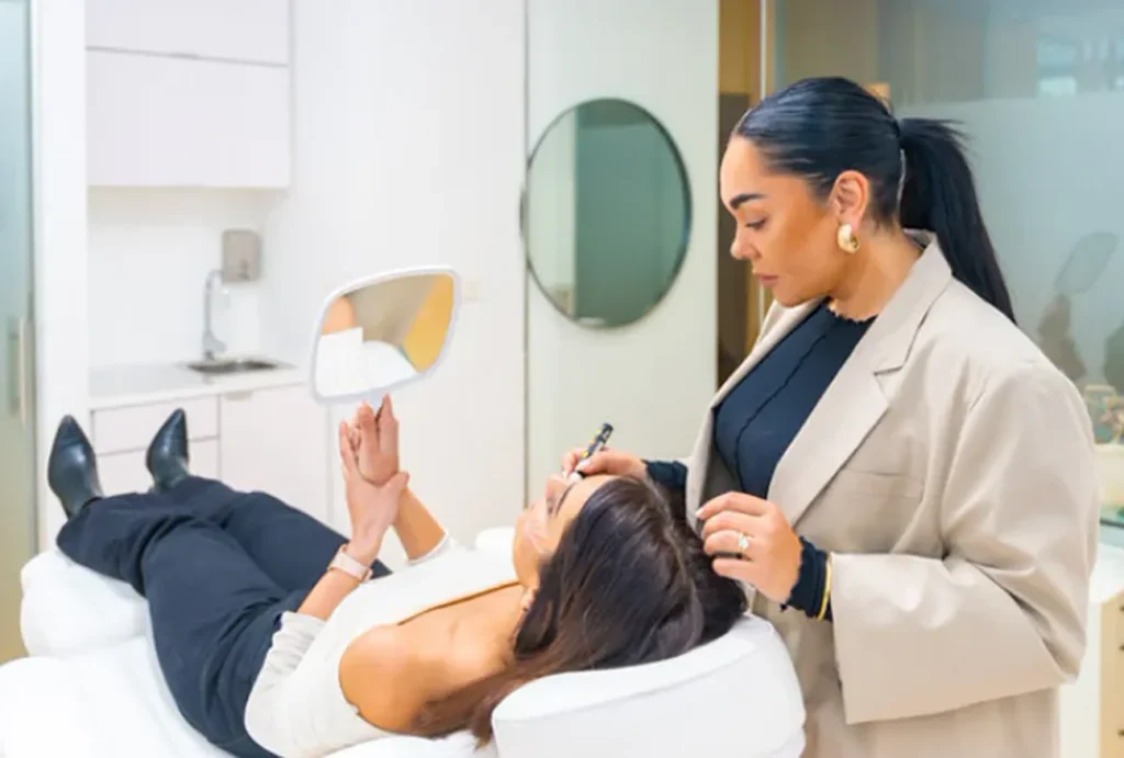 Beatriz Sellés aplicando un tratamiento facial a una paciente en la clínica