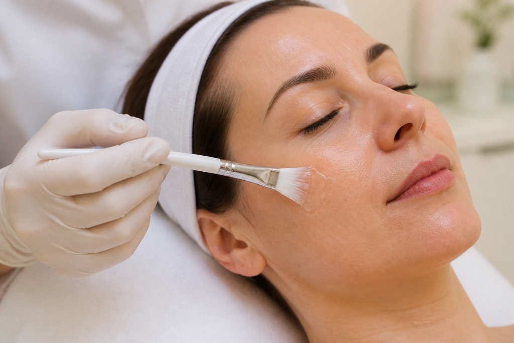 Aplicación de peeling químico sobre el rostro con pincel en San Sebastián