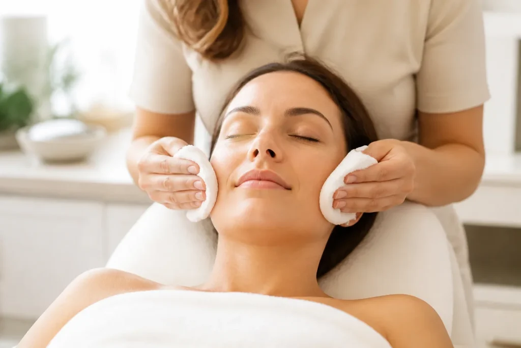 Detalle del tratamiento facial Refresh sobre la piel del rostro